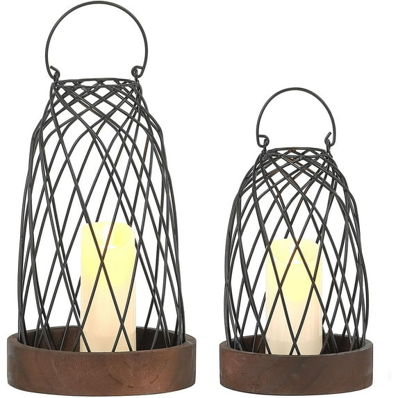 Set of 2 Rustic Farmhouse Lanterns Decorative Indoor, Vintage Candle Lantern Holder with Wooden Base, Black Metal Decorative Lanterns for Home Decor, Outdoor, Indoor, Living Room, Kitchen