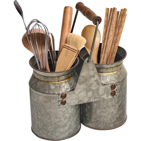 Set of 2 Rustic Galvanized Utensil Holders with Handles Farmhouse Kitchen Crocks for Spoons Forks & Knives Countertop Organizer Buckets Decor 8"x4"x6.75"