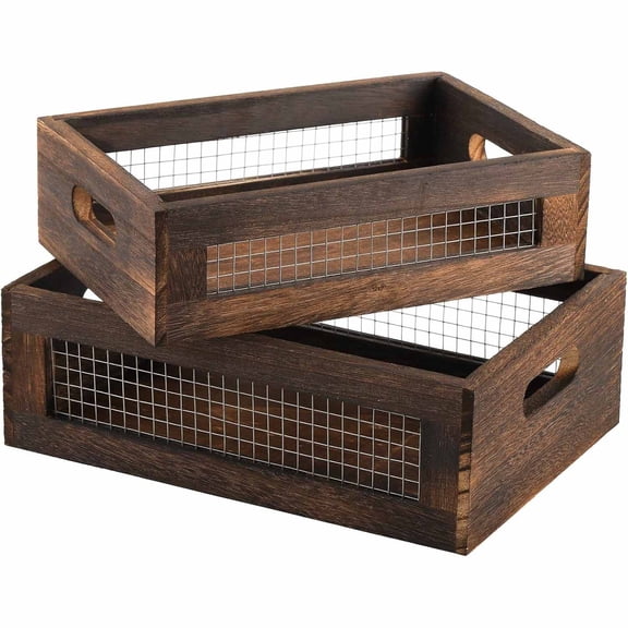 Set of 2 Rustic Nesting Boxes, Wooden Organizer Crates Basket, Decorative Wood Wire Containers with Handle for Countertop, Fruit, Veggies, Kitchen, Bathroom, Pantry Storage