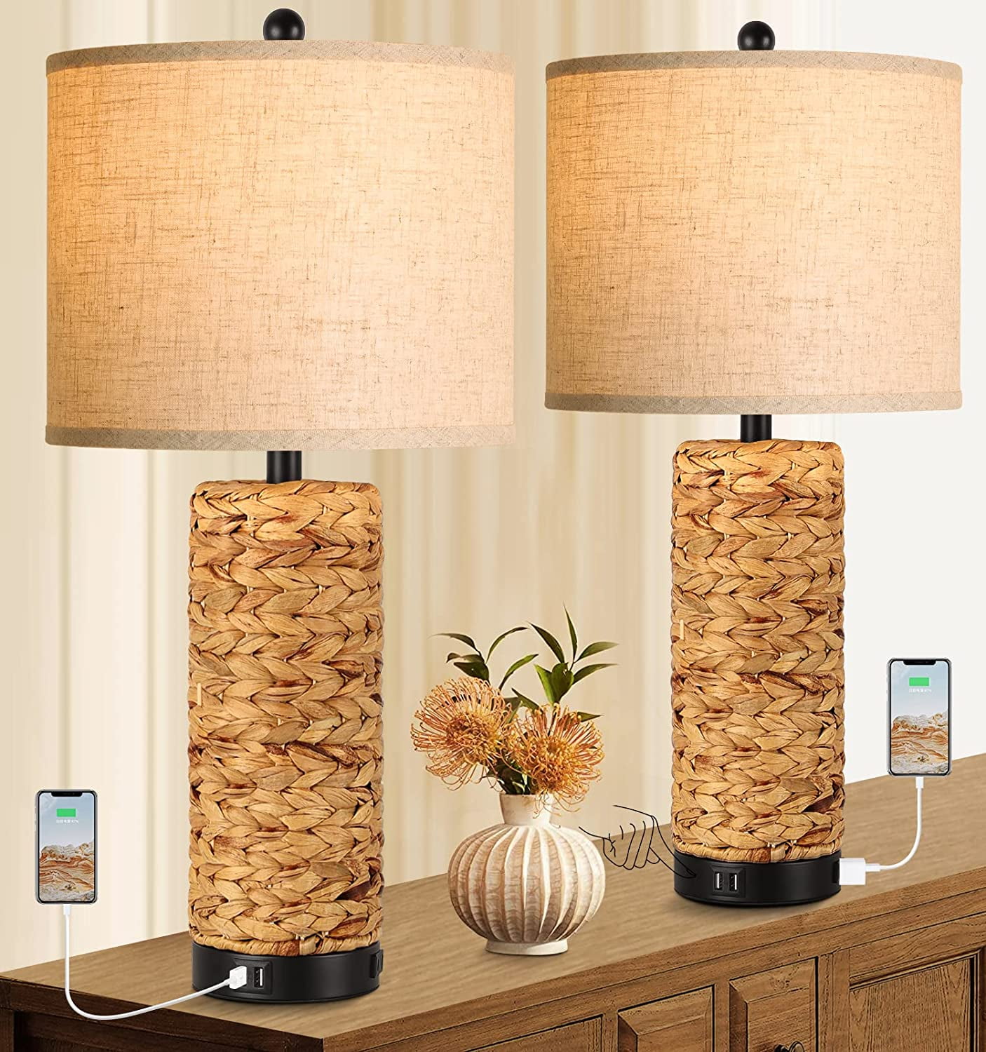 Set of 2 Rustic Touch Table Lamps for Bedroom 3 Way Dimmable Modern Farmhouse Nightstand Lamps