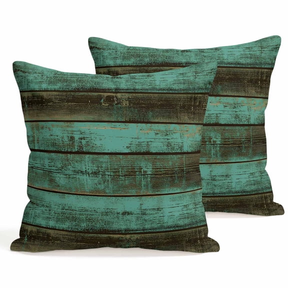 Set of 2 Rustic Wooden Pillow Covers 16x16 Inch, Retro Farmhouse Country Turquoise Plank Decorative Throw Pillow Cases Cotton Cushion Covers for Sofa Couch Bed Living Room Bedroom Home Decor