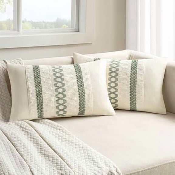 Set of 2 Sage Green Boho Decorative Lumbar Pillow Covers 12x20 Inch Farmhouse Rustic Couch Throw Pillows Modern Summer Cushion Covers Retro Cute Macrame Woven Spring Decor for Bed Sofa Chair