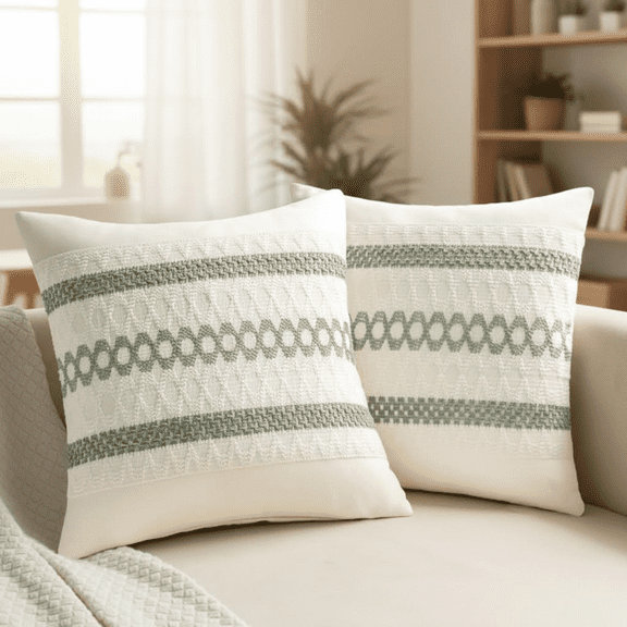Set of 2 Sage Green Boho Decorative Throw Pillow Covers 18x18 Inch Farmhouse Rustic Couch Pillows Modern Summer Cotton Cushion Covers Retro Macrame Woven Spring Decor for Bed Sofa and Chair