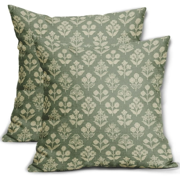 Set of 2 Sage Green Cream Block Print Pillow Covers 20x20 Inch, Vintage Floral Spring Decorative Throw Pillow Cases Boho Rustic Cushion Covers for Farmhouse Sofa Couch Bed Decor
