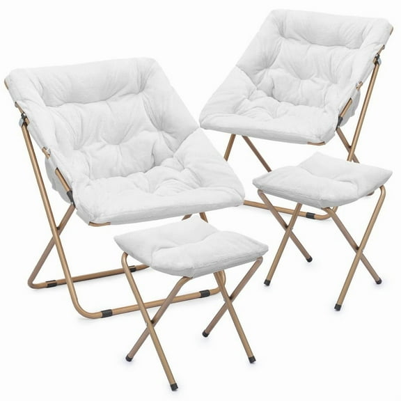 Set of 2 Saucer Chair and Folding Footrest Stool Set, Soft Faux Fur Oversized Folding Accent Chair, Metal Frame Moon Chair for Bedroom Living Room, White