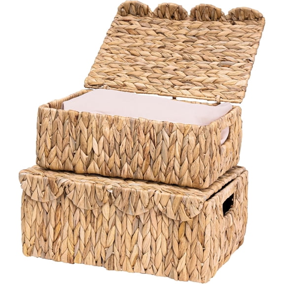 Set of 2 Scalloped Edge Wicker Basket with Lids, Rectangle Wicker Storage Basket with Built-in Handles, Multipurpose Organizer Rattan Display Boxes for Shelf, Nursery Room