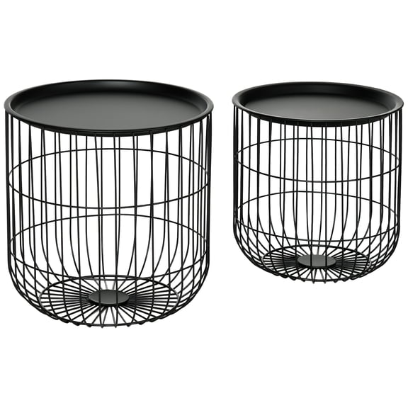 Set of 2 Scandinavian Style Nesting Side Tables, Black Powder-Coated Steel Storage Baskets with Removable Tops, 15.7" & 13.8" Diameter, for Living Room and Office Use