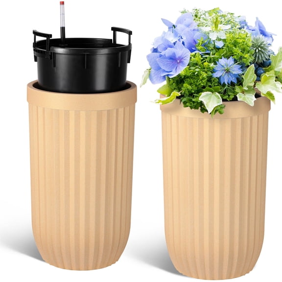 Set of 2 Self Watering Plant Pots -Planters with Water Level Monitoring Device and Hidden Wheels - Ideal for Living Room, Bedroom Office, Patio, Porch, Garde, 23 Inch Tall