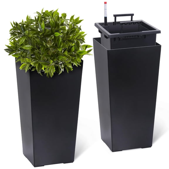 Set of 2 Self-Watering Planters, Large Indoor Outdoor High Front Porch Planter Pots with Inner Bucket, Drainage Holes & Water Level Monitor, Modern Flower Pots for Patio, Balcony, Automatic Watering