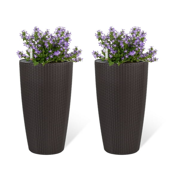 Set of 2 Self-Watering Planters with Water Level Monitor, 22 Inch Tall Faux Rattan Plant Pots for Indoor Outdoor, Automatic Watering System, Weatherproof Plastic