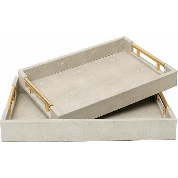 Set of 2 Shagreen Serving Tray with Gold Polished Metal Handles Ivory Wood Decorative Tray PU Leather with Brushed Gold for Coffee Table Ottoman Console Table