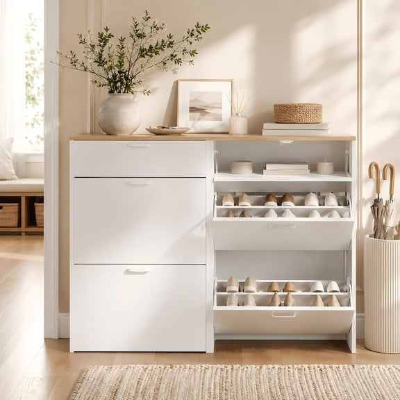 Set of 2 Shoe Cabinet Storage for Entryway, Ultra Slim Shoe Organizer with 2 Flip & 1 Drop-Down Drawers, 2-Pack Narrow Shoe Cabinet 24.8" W for Front Door, Freestanding Modern White Shoes Rack