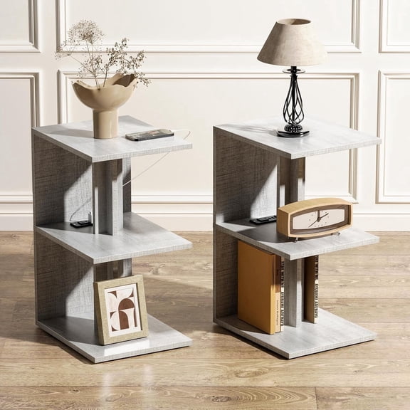 Side Table with Charging Station, 3 Tier Narrow Nightstand, End Table with Wheels for Small Spaces,Living Room,Bedroom(Set of 2)