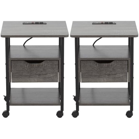 Set of 2 Side Table with Charging Station and Wheels, Rolling End Table with 2 USB Ports and 2 Outlets and Power Switch, Nightstand with Storage Shelves and Drawer for Small Space, Grey