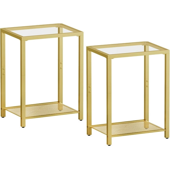Set of 2 Side Tables, 2-Tier End Table, Nightstands for Tight Spaces, Tempered Glass Bedside Tables, Modern Metal Frame, for Office, Bedroom, Living Room, Study, Gold GD76BZP201