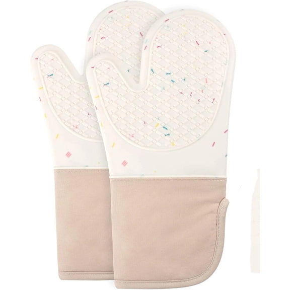 Set of 2 Silicone Oven Mitts Waterproof Shell Oven Mitts for Kitchen for Heat Resistant 500 Degrees Washable Kitchen Mittens with Cotton Lining for Cooking Baking (beige)