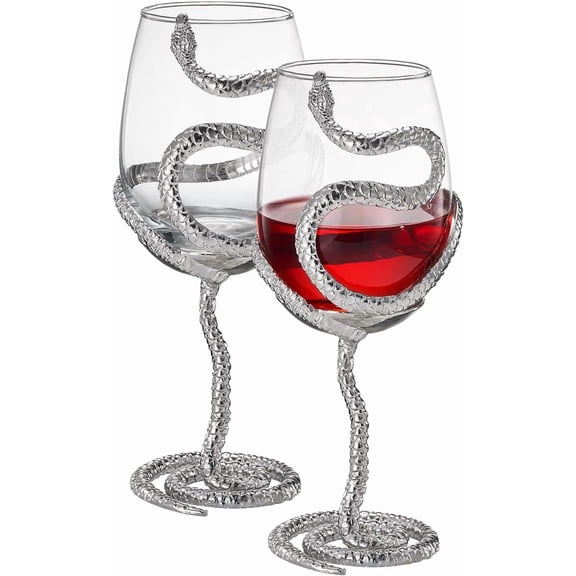 Set of 2 Silver Gothic Wine Goblets, Alloy Steel Stems Borosilicate Glass Unique Spooky Barware for Wine Lovers Dining Parties, Holiday Gift & Collectible Display