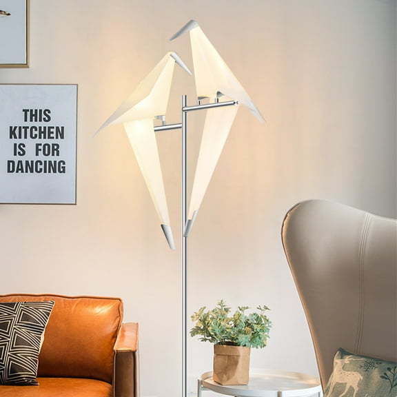 Set of 2 Silver Origami Crane Floor Lamps - Modern Wrought Iron Standing Light with LED Bulbs & White Shade, Sculptural Bird Design for Living Room Bedroom