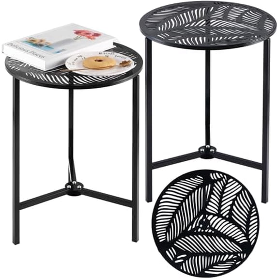 Set of 2 Small Round Metal Side Tables 13 Inches Black Outdoor End Tables for Patio, Balcony, Porch or Garden – Weather-Resistant Corner Coffee Table for Small Spaces & Indoor Plant Stand