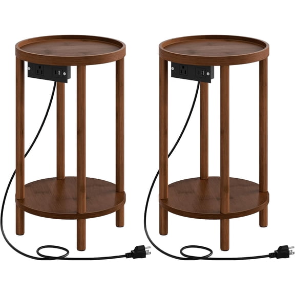 Set of 2 Small Round Side Tables with Charging Station, 2-Tier Round Bamboo End Tables, Easy Assembly, for Living Room, Bedroom, Apartment, Mocha MA156UBZP201