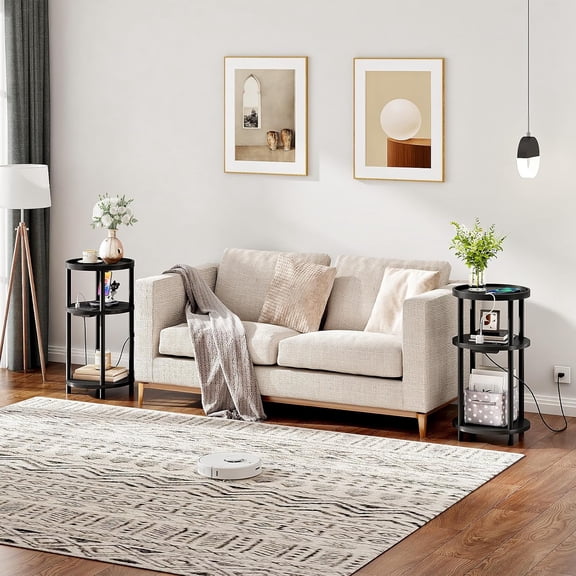 Set of 2 Small Round Side Tables with Charging Station, 3-Tier Round Bamboo End Tables, Easy Assembly, for Living Room, Bedroom, Apartment, Black BB152UBZP201