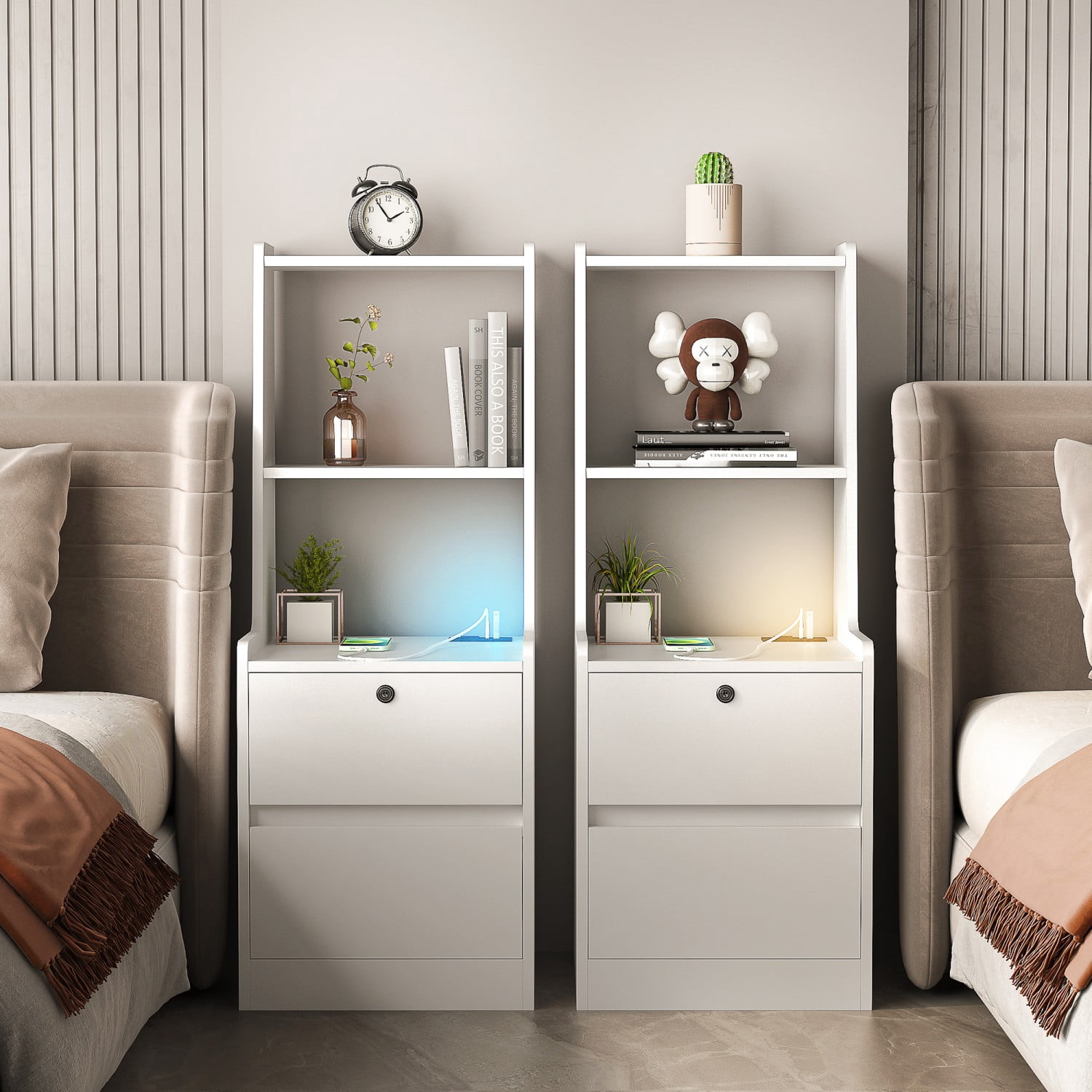Set of 2 Smart Nightstands with Charging Station and Voice Control Night Light, Modern Bedside Tables with Storage Cabinet and Bookshelf, White Night Stand for Bedroom