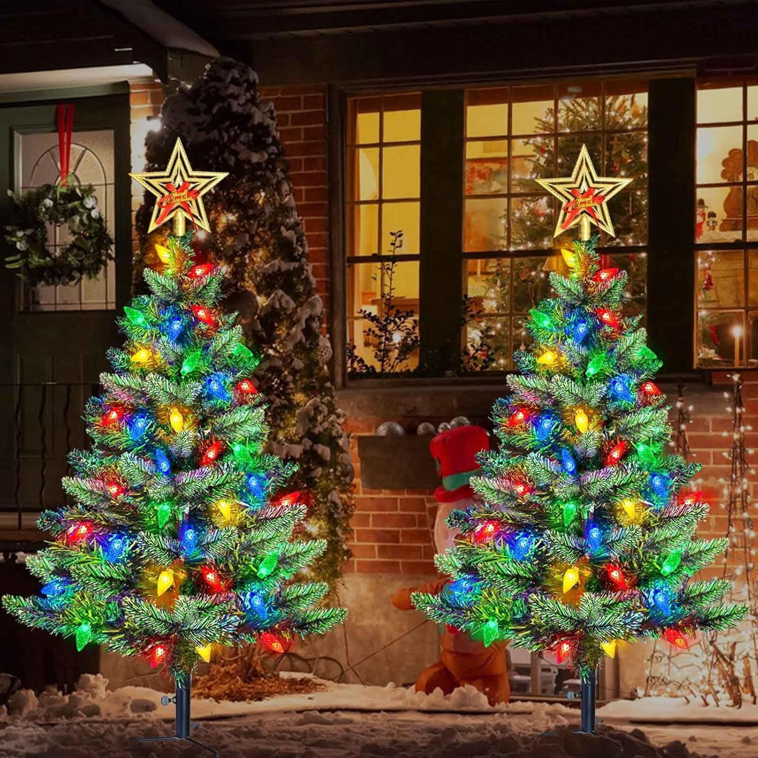 Set of 2 Solar Christmas Tree, Outdoor Christmas Decorations, Prelit Xmas Tree w/ 100 LED Multi-color C6 String Lights for Outsdie Holiday Display Yard Front Porch Pathway Grave Cemetery Decor
