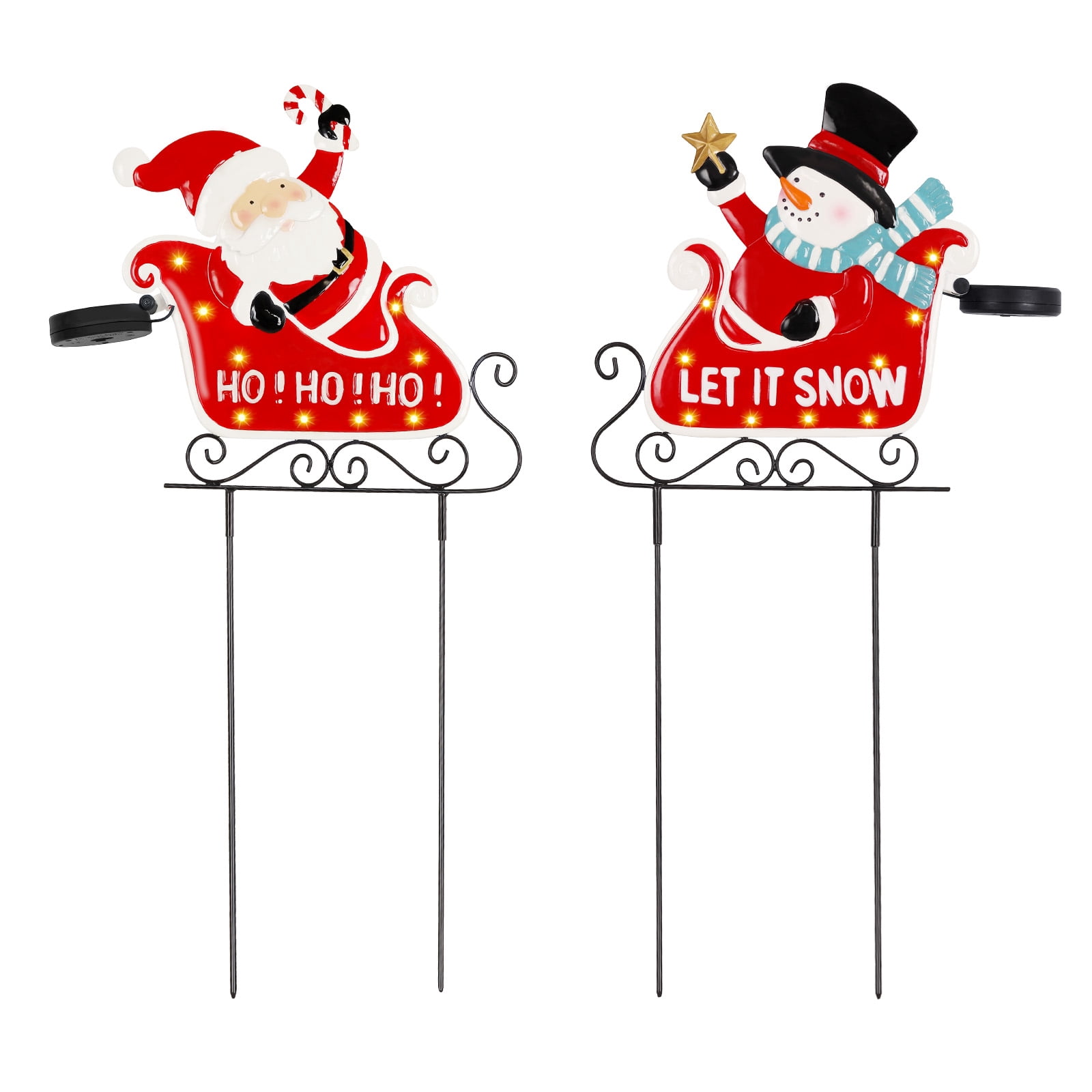 Set of 2 Solar Christmas Yard Stakes, Santa Claus & Snowman Sleigh Pathway Lights, Outdoor LED Garden Decor for Holiday, Waterproof Metal Christmas Decorations