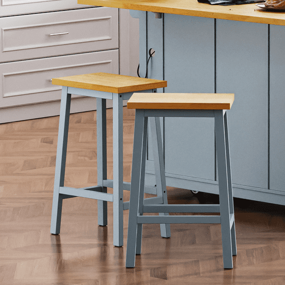 Set of 2 Solid Wood Bar Stools, 25.6" Tall Bar Chairs, Kitchen Counter Stools with Footrests, Farmhouse Stools for Dining Room, Kitchen, Counter (Blue)