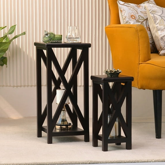 Set of 2 Solid Wood Nesting Tables – Rustic Accent Side Tables with Open X-Frame Design – Space-Saving Stacking Tables for Living Room, Bedroom, or Entryway Espresso