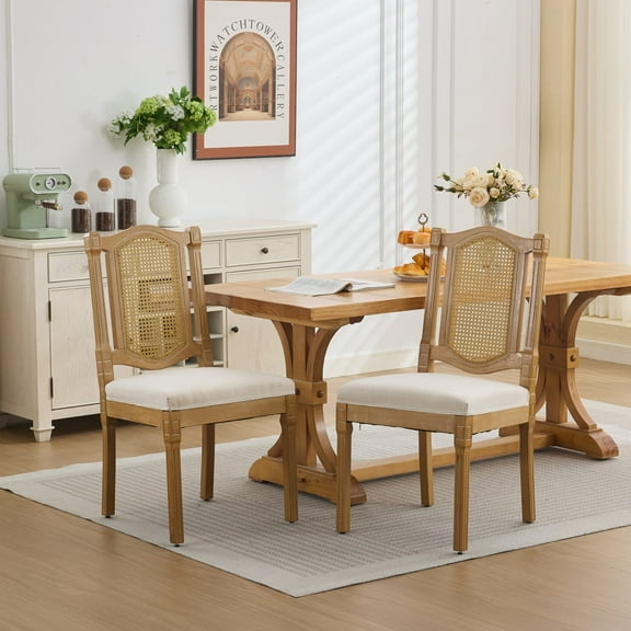 Set of 2 Solid Wood Rattan-Back Dining Chair, French Country Kitchen Dining Room with Linen Cushion, Perfect for Rustic/Natural Style Accent Dining Room