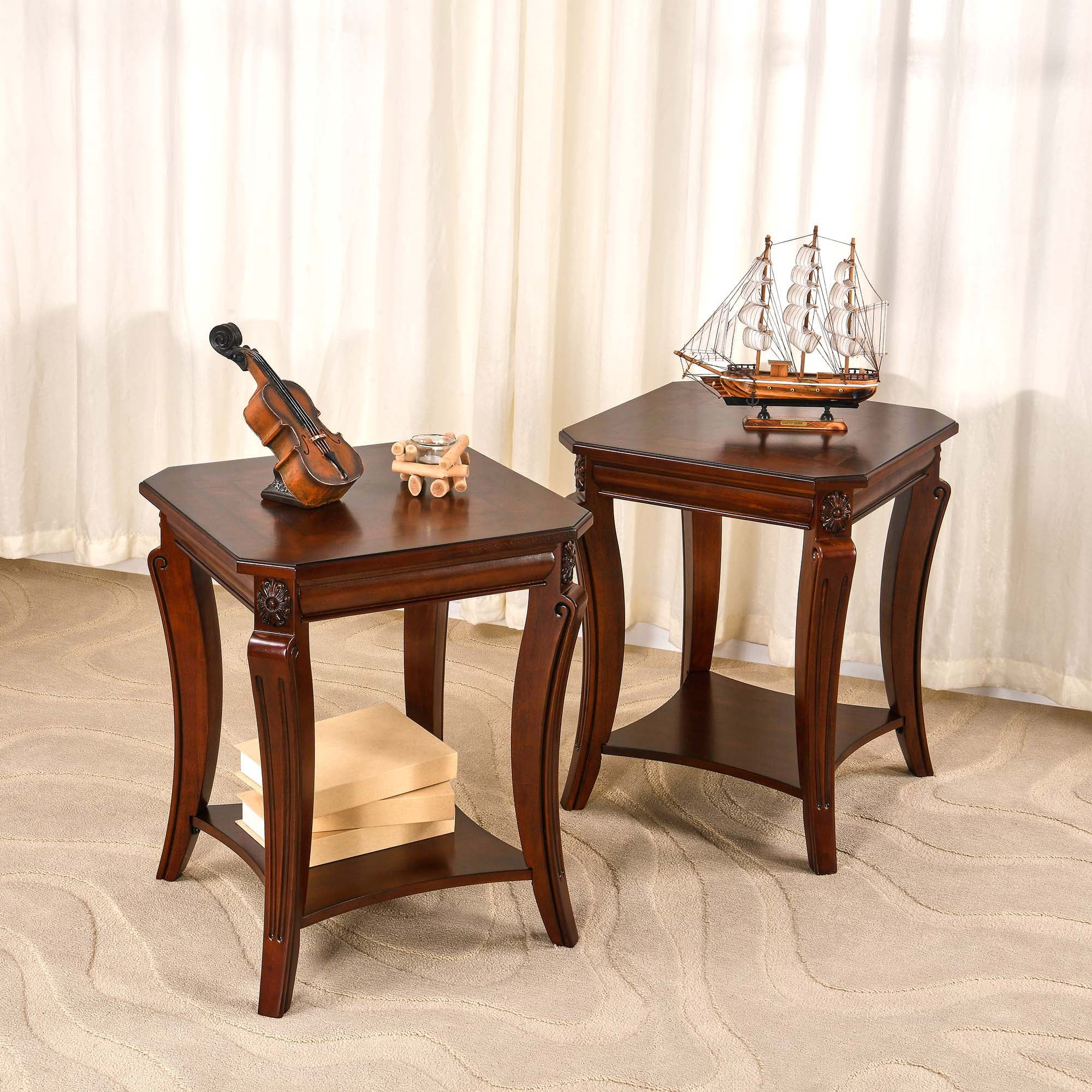 Set of 2 Solid Wood Small End Table with Storage Shelf, Vintage Square Sofa Side Table with Splicing Tabletop and Curved Legs, 2-Tier Bedside Tables Nightstand In Cherry,19.7"Dx23.8"H