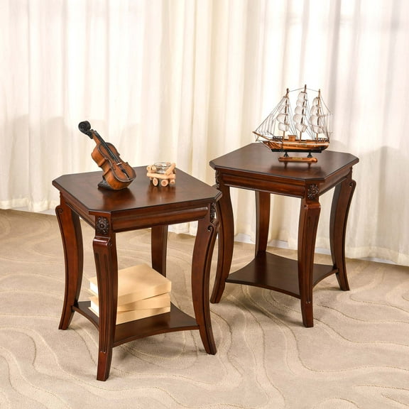 Set of 2 Solid Wood Small End Table with Storage Shelf, Vintage Square Sofa Side Table with Splicing Tabletop and Curved Legs, 2-Tier Bedside Tables Nightstand In Cherry,19.7"Dx23.8"H
