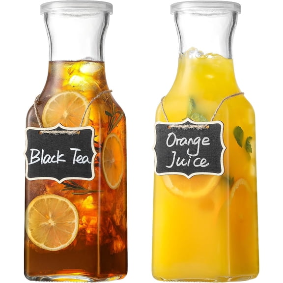 Set of 2 Square Glass Carafe, 1 Liter Clear Pitcher with Lid, Beverage Serveware Carafe for Mimosa Bar, Coffee, Juice, Cold Water, Milk, Lemonade, Iced Tea