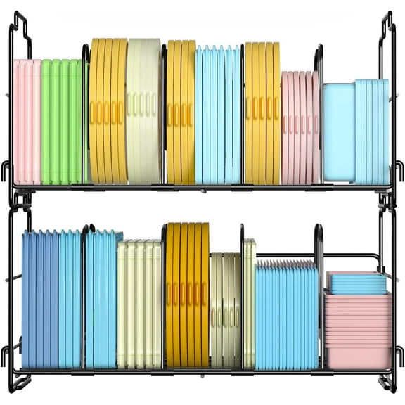 Set of 2 Stackable Food Container Lid Organizer, Adjustable Metal Lid Storage Shelf for Kitchen, 4 Dividers Detachable Lid Organiser Rack for Cabinets, Cupboards, Pantry Shelves, Drawers, Black