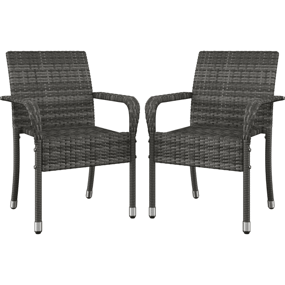 Set of 2 Stackable Outdoor Wicker Dining Chairs with Armrests All-Weather, Steel Frame Suitable for Garden, Patio, Balcony, Courtyard, and Poolside Gray