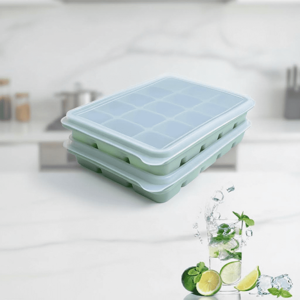 Set of 2 Stackable Silicone Ice Cube Trays with Removable Lids, Easy Release Flexible Molds for Whiskey, Cocktails, and Baby Food, BPA-Free Reusable Freezer Trays in Bamboo Green
