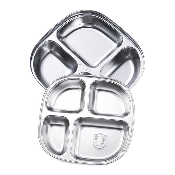Set of 2 Stainless Steel Dinner Plates, 4 Sections Divided Platter Dinner Tray - Lightweight Metal Plate for Adults and Campers, Portion Control Bariatric Weight Loss and Diabetic Diet Plates
