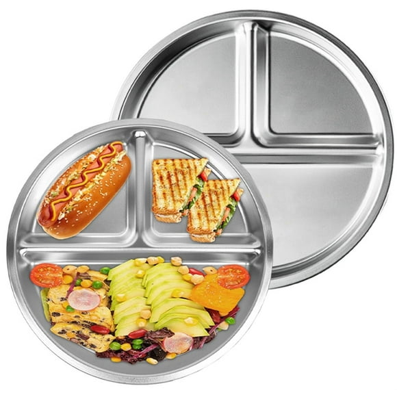 Set of 2 Stainless Steel Kids Plates,Happon 3 Sections Dinner Plate,Round Divided Portion Control Plates for Camping, Adult Lunch and Dinner or Every Day Use,20CM/7.87inch