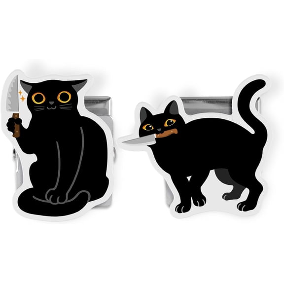 Set of 2 Stainless Steel Magnetic Clips for Home Office Fridge Lockers Whiteboard, Chip Bag Clips Paper Clamps for Food, Snack, Paper, Photo - Black Cat with Knife (S2), Black Cat with Knife