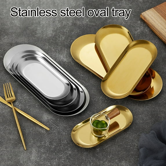 Set of 2 Stainless Steel Oval Trays - Mirror Polished, Heavy-Duty, and Multifunctional for Towel, Jewelry, Cake, Dessert, and Food Serving - Home and Bathroom Supplies