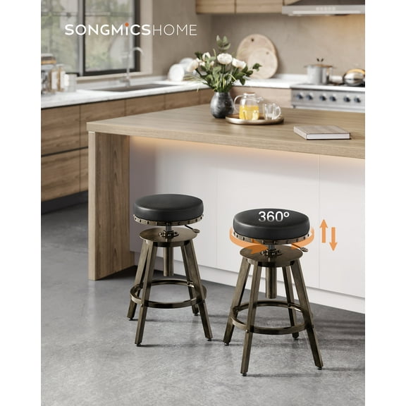 Set of 2 Steampunk Bar Stools with Adjustable Height and Swivel Seat, 24.6-29.3 Inch Counter Stools with Footrest, Vintage Industrial Style, Ink Black