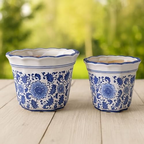 Set of 2 Stoneware Ceramic Decorative PlantersFloral Chinoiserie Pattern  Indoor & Outdoor Plant Pots  Modern Accent and Home Decor for Living Room, Entryway or Patio  9", 8", Blue & White