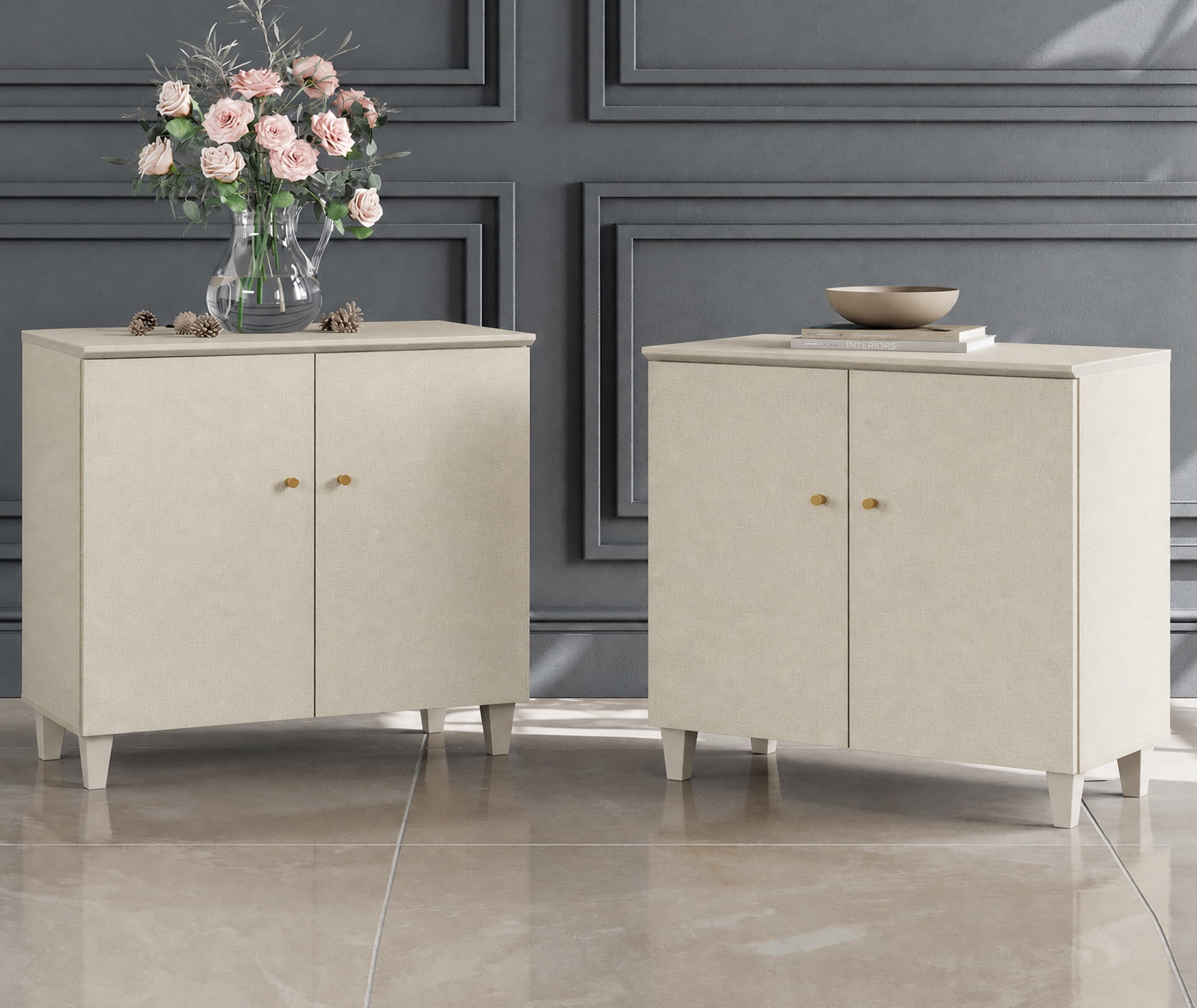 Set of 2 Storage Cabinet with 2 Doors, Modern Accent Cabinets with Solid Wood Legs, Anti-tip Kits, for Living Room, Dining Room Bedroom Hallway, Beige