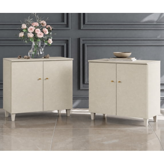 Set of 2 Storage Cabinet with 2 Doors, Modern Accent Cabinets with Solid Wood Legs, Anti-tip Kits, for Living Room, Dining Room Bedroom Hallway, Beige