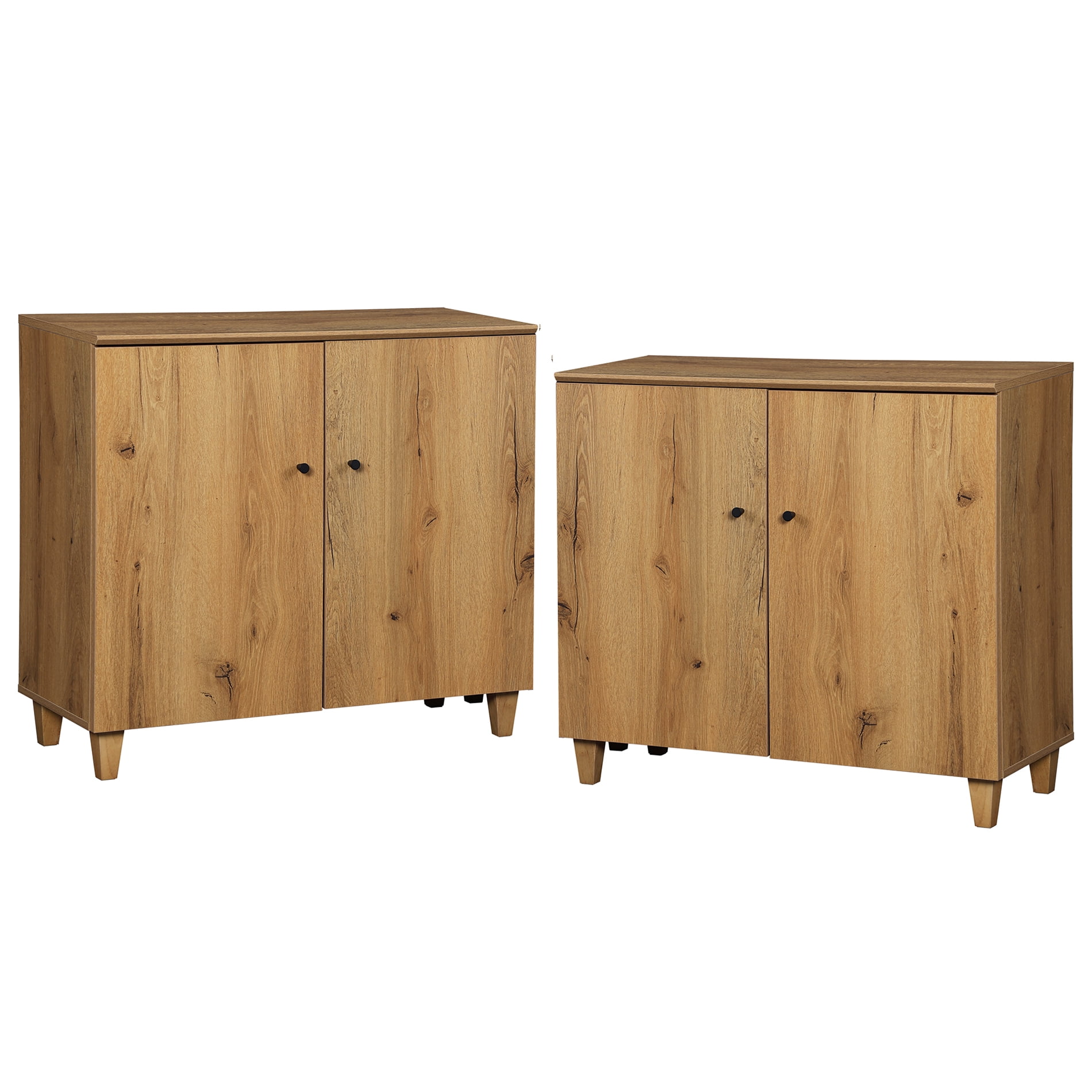 Set of 2 Storage Cabinet with 2 Doors, Modern Accent Cabinets with Solid Wood Legs, Anti-tip Kits, for Living Room, Dining Room Bedroom Hallway, Brown Wood