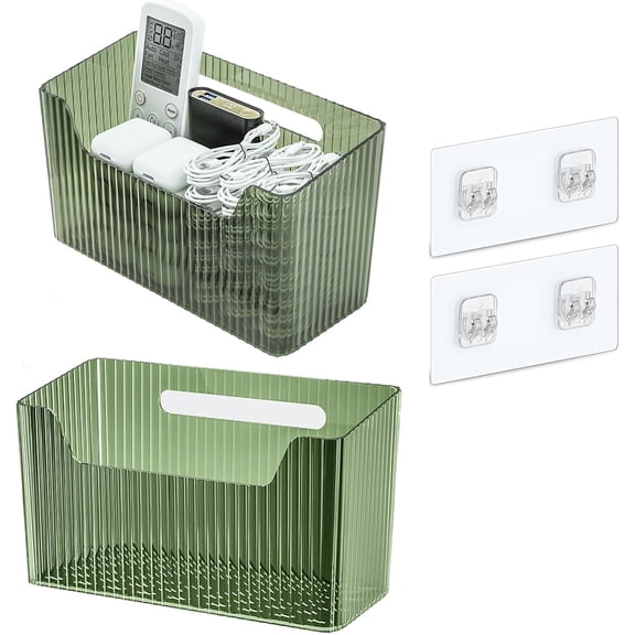Set Of 2 Storage Organizer Bins Wall Mounted Organizer Basket, Shower Caddy Stackable Clear Plastic Makeup Organizer Adhesive Hanging Bin for Bathroom, Kitchen, Cabinet, Pantry - BPA Free -Large-Clear