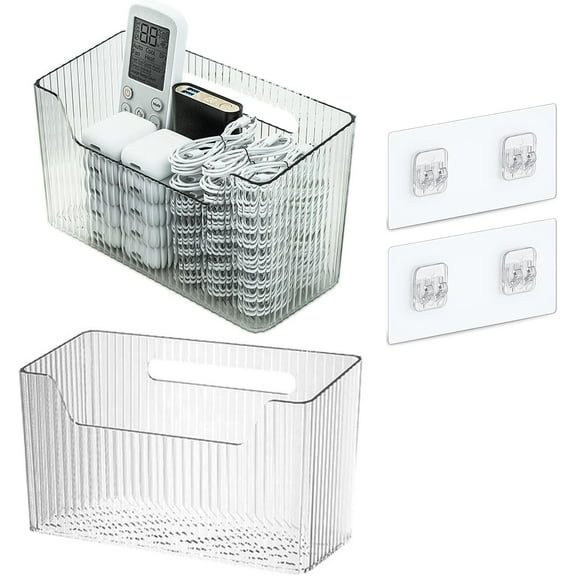 Set Of 2 Storage Organizer Bins Wall Mounted Organizer Basket, Shower Caddy Stackable Clear Plastic Makeup Organizer Adhesive Hanging Bin for Bathroom, Kitchen, Cabinet, Pantry Large-Clear
