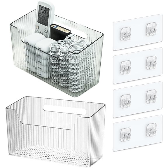 Set Of 2 Storage Organizer Bins Wall Mounted Shower Basket, Shower Caddy Stackable Clear Plastic Makeup Organizer Adhesive Hanging Bin for Bathroom, Kitchen, Cabinet, Pantry, BPA Free, Clear