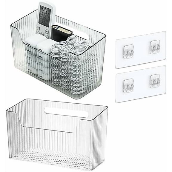 Set Of 2 Storage Organizer Bins Wall Mounted Shower Basket, Shower Caddy Stackable Clear Plastic Makeup Organizer Adhesive Hanging Bin for Bathroom, Kitchen, Cabinet, Pantry, BPA Free, Clear